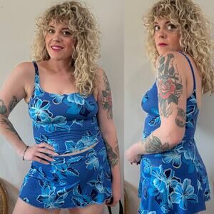 90s Blue Tropical Tankini size 10